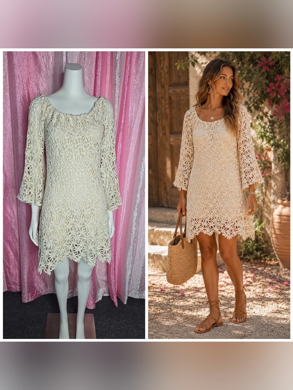 Union of Angels Cindy Bapst Beige Crochet Silk Blend Boho Dress Size Small